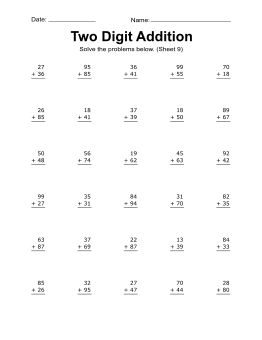 Addition worksheet, 2-digit, addition problems, 9. Addition worksheet. (30 problems) two-digits, free, printable, math drills, kindergarten, 1st grade, 2nd grade, print, download.