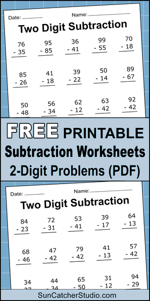 Free printable subtraction worksheets, 2-digits, subtraction problems, two digits, math drills, DIY, subtracting, kindergarten, 1st grade, 2nd grade, 3rd grade, pdf, print, download.