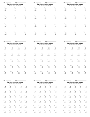 All subtraction worksheets, 2 digits, subtraction problems, two digits, free, printable, math drills, kindergarten, 1st grade, 2nd grade, pdf, print, download.