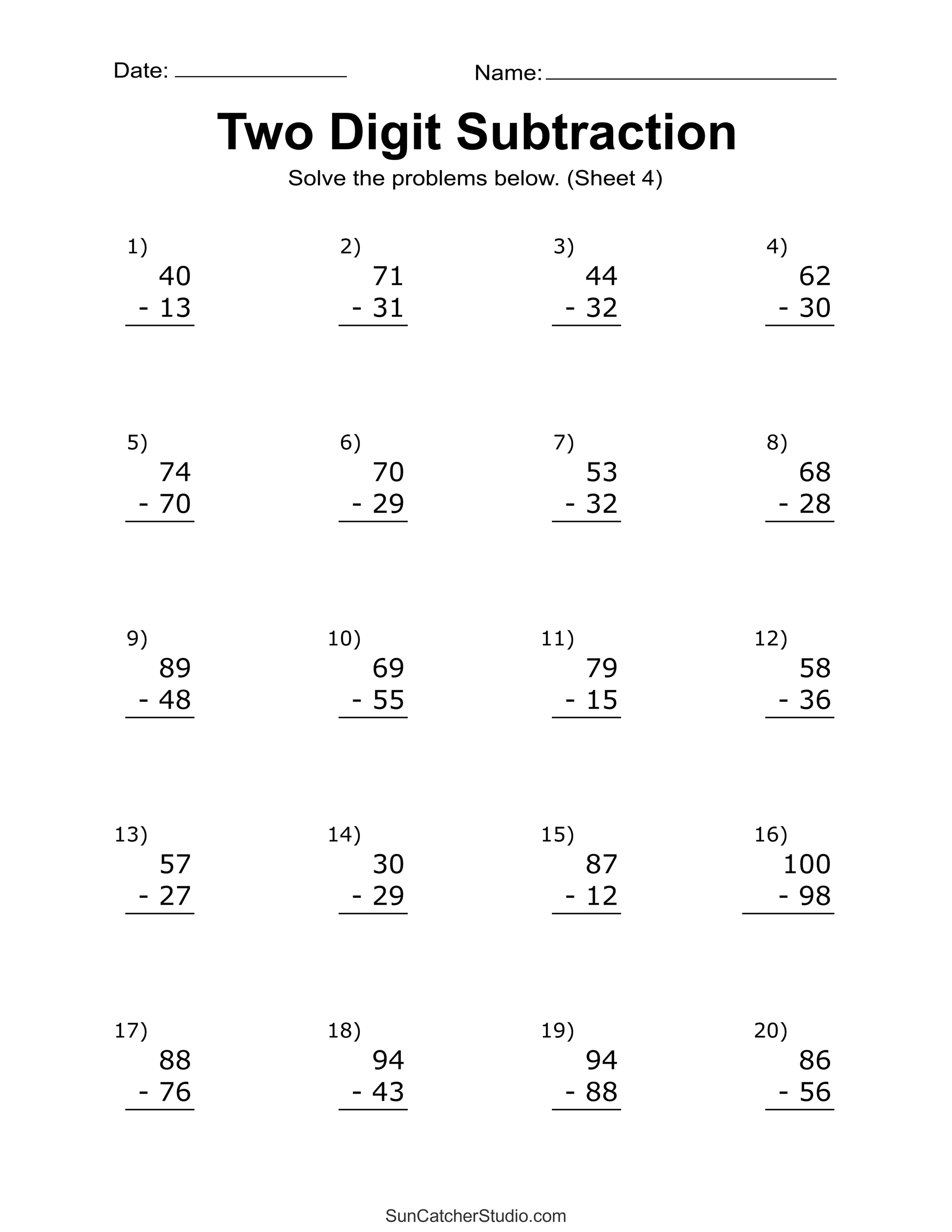 Double Digit Subtraction Practice