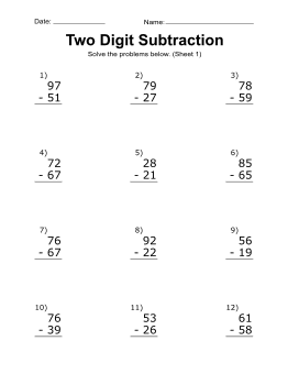 Subtraction worksheet, 2-digit, subtraction problems, 1. Subtraction worksheet. (12 problems) two-digits, free, printable, math drills, kindergarten, 1st grade, 2nd grade, 3rd grade, print, subtracting, download.