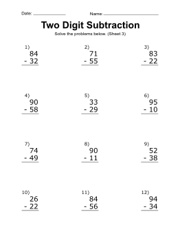 Subtraction worksheet, 2-digit, subtraction problems, 3. Subtraction problems. (12 problems) two-digits, free, printable, math drills, kindergarten, 1st grade, 2nd grade, 3rd grade, print, subtracting, download.