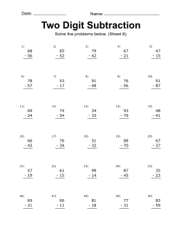 Subtraction worksheet, 2-digit, subtraction problems, 8. Printable 2 Digit subtraction worksheet. (30 problems) two-digits, free, printable, math drills, kindergarten, 1st grade, 2nd grade, 3rd grade, print, subtracting, download.