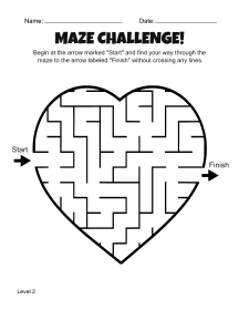 12. Printable Heart Maze Worksheet. Level 2. Free, printable, maze, worksheet, puzzle, activity, kids, children, easy, preschool, kindergarten, 1st Grade, Grade 2, print, download, pdf.