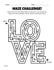 14. Printable Love Maze Worksheet. Level 3. Free, printable, maze, worksheet, puzzle, activity, kids, children, easy, preschool, kindergarten, 1st Grade, Grade 2, print, download, pdf.