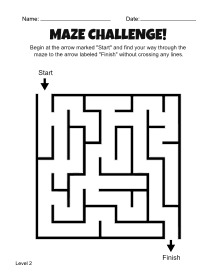 2. Printable Maze Worksheet. Level 2. Free, printable, maze, worksheet, puzzle, activity, kids, children, easy, preschool, kindergarten, 1st Grade, Grade 2, print, download, pdf.