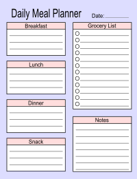 Printable daily meal planner. Meal planner, weekly, template, menu, printable, free, pdf, diet, food, prep, family, grocery list, notes, print, download, online, simple.