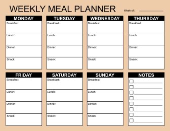 Printable weekly meal planner. Meal planner, weekly, template, menu, printable, free, pdf, diet, food, prep, family, grocery list, notes, print, download, online, simple.
