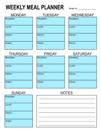 Printable weekly meal planner. Meal planner, weekly, template, menu, printable, free, pdf, diet, food, prep, family, grocery list, notes, print, download, online, simple.