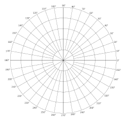 Printable polar graph paper. Full circle layout. 5 concentric circles. 36 spokes (10 degrees apart). Polar graph paper, polar coordinate grid paper, sheet, pdf, template, degrees, radians, math, print, download, online
