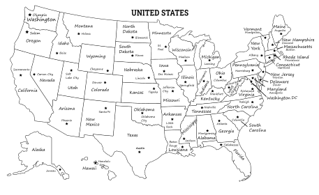 5. USA Map with State Capitals (Black and White). US states and capitals, study guide, 50 states, quiz, matching game, learn us states and capitals, worksheets, students, free, printable, pdf, download.