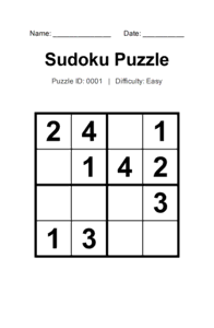 Puzzle #0001. Level: Easy. Print Size: Large Print. Printable 4x4 Sudoku Puzzle. Free printable 4x4 large print Sudoku puzzle for adults, seniors, classrooms, homeschooling, and brain-training activities. Download in PDF or PNG format with a complete answer key included.