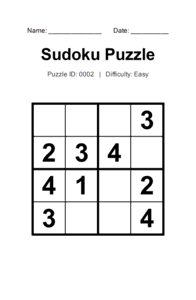 Puzzle #0002. Level: Easy. Print Size: Large Print. Free Printable Sudoku Puzzle. Free printable 4x4 large print Sudoku puzzle for adults, seniors, classrooms, homeschooling, and brain-training activities. Download in PDF or PNG format with a complete answer key included.
