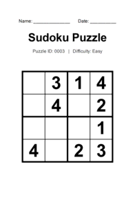 Puzzle #0003. Level: Easy. Print Size: Large Print. Beginner 4x4 Sudoku Puzzle. Free printable 4x4 large print Sudoku puzzle for adults, seniors, classrooms, homeschooling, and brain-training activities. Download in PDF or PNG format with a complete answer key included.