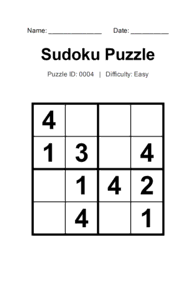 Puzzle #0004. Level: Easy. Print Size: Large Print. Classic Sudoku Puzzle. Free printable 4x4 large print Sudoku puzzle for adults, seniors, classrooms, homeschooling, and brain-training activities. Download in PDF or PNG format with a complete answer key included.