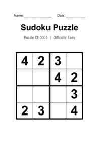Puzzle #0005. Level: Easy. Print Size: Large Print. Fun Sudoku Challenge. Free printable 4x4 large print Sudoku puzzle for adults, seniors, classrooms, homeschooling, and brain-training activities. Download in PDF or PNG format with a complete answer key included.