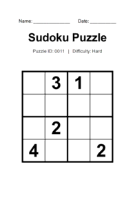 Puzzle #0011. Level: Hard. Print Size: Large Print. Challenging 4x4 Sudoku Puzzle. Free printable 4x4 large print Sudoku puzzle for adults, seniors, classrooms, homeschooling, and brain-training activities. Download in PDF or PNG format with a complete answer key included.