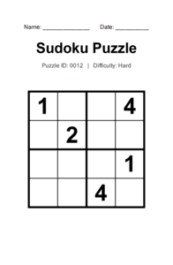 Puzzle #0012. Level: Hard. Print Size: Large Print. Printable Sudoku Number Puzzle. Free printable 4x4 large print Sudoku puzzle for adults, seniors, classrooms, homeschooling, and brain-training activities. Download in PDF or PNG format with a complete answer key included.