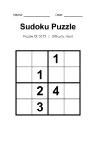 Puzzle #0013. Level: Hard. Print Size: Large Print. Printable Sudoku Logic Puzzle. Free printable 4x4 large print Sudoku puzzle for adults, seniors, classrooms, homeschooling, and brain-training activities. Download in PDF or PNG format with a complete answer key included.