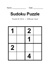 Puzzle #0014. Level: Hard. Print Size: Large Print. Brain Training Sudoku Puzzle. Free printable 4x4 large print Sudoku puzzle for adults, seniors, classrooms, homeschooling, and brain-training activities. Download in PDF or PNG format with a complete answer key included.