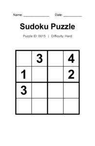 Puzzle #0015. Level: Hard. Print Size: Large Print. Advanced 4x4 Sudoku Brain Teaser. Free printable 4x4 large print Sudoku puzzle for adults, seniors, classrooms, homeschooling, and brain-training activities. Download in PDF or PNG format with a complete answer key included.