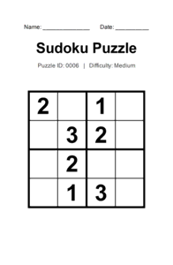 Puzzle #0006. Level: Medium. Print Size: Large Print. Logic Sudoku Puzzle. Free printable 4x4 large print Sudoku puzzle for adults, seniors, classrooms, homeschooling, and brain-training activities. Download in PDF or PNG format with a complete answer key included.