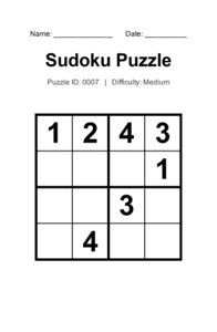 Puzzle #0007. Level: Medium. Print Size: Large Print. Number Sudoku Puzzle. Free printable 4x4 large print Sudoku puzzle for adults, seniors, classrooms, homeschooling, and brain-training activities. Download in PDF or PNG format with a complete answer key included.