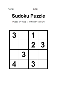 Puzzle #0008. Level: Medium. Print Size: Large Print. Printable 4x4 Sudoku Logic Puzzle. Free printable 4x4 large print Sudoku puzzle for adults, seniors, classrooms, homeschooling, and brain-training activities. Download in PDF or PNG format with a complete answer key included.