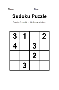 Puzzle #0009. Level: Medium. Print Size: Large Print. Brain Training Sudoku Puzzle. Free printable 4x4 large print Sudoku puzzle for adults, seniors, classrooms, homeschooling, and brain-training activities. Download in PDF or PNG format with a complete answer key included.