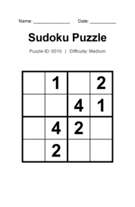 Puzzle #0010. Level: Medium. Print Size: Large Print. Family-Friendly 4x4 Sudoku Puzzle. Free printable 4x4 large print Sudoku puzzle for adults, seniors, classrooms, homeschooling, and brain-training activities. Download in PDF or PNG format with a complete answer key included.