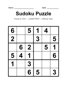 Puzzle #0001. Level: Easy. Print Size: Large Print. Printable 6x6 Sudoku Puzzle. Free printable 6x6 large print Sudoku puzzle for kids, adults, seniors, classrooms, homeschooling, and brain-training activities. Download in PDF or PNG format with a complete answer key included.