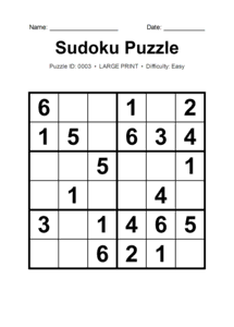 Puzzle #0003. Level: Easy. Print Size: Large Print. Beginner 6x6 Sudoku Puzzle. Free printable 6x6 large print Sudoku puzzle for kids, adults, seniors, classrooms, homeschooling, and brain-training activities. Download in PDF or PNG format with a complete answer key included.