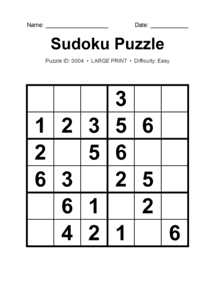 Puzzle #0004. Level: Easy. Print Size: Large Print. Classic 6x6 Sudoku Puzzle. Free printable 6x6 large print Sudoku puzzle for kids, adults, seniors, classrooms, homeschooling, and brain-training activities. Download in PDF or PNG format with a complete answer key included.