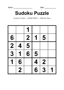 Puzzle #0005. Level: Easy. Print Size: Large Print. Easy 6x6 Sudoku Puzzle. Free printable 6x6 large print Sudoku puzzle for kids, adults, seniors, classrooms, homeschooling, and brain-training activities. Download in PDF or PNG format with a complete answer key included.