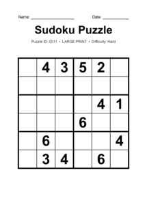 Puzzle #0011. Level: Hard. Print Size: Large Print. Challenging 6x6 Sudoku Puzzle. Free printable 6x6 large print Sudoku puzzle for kids, adults, seniors, classrooms, homeschooling, and brain-training activities. Download in PDF or PNG format with a complete answer key included.