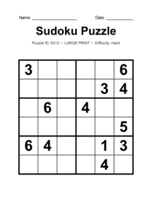 Puzzle #0012. Level: Hard. Print Size: Large Print. Printable 6x6 Sudoku Number Puzzle. Free printable 6x6 large print Sudoku puzzle for kids, adults, seniors, classrooms, homeschooling, and brain-training activities. Download in PDF or PNG format with a complete answer key included.