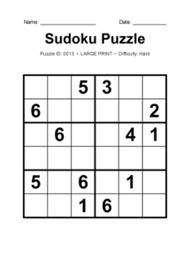 Puzzle #0013. Level: Hard. Print Size: Large Print. Printable 6x6 Sudoku Logic Puzzle. Free printable 6x6 large print Sudoku puzzle for kids, adults, seniors, classrooms, homeschooling, and brain-training activities. Download in PDF or PNG format with a complete answer key included.