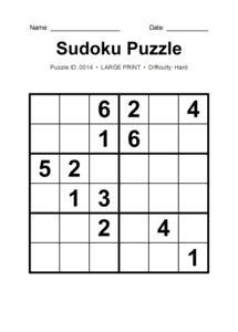 Puzzle #0014. Level: Hard. Print Size: Large Print. Brain Training 6x6 Sudoku Puzzle. Free printable 6x6 large print Sudoku puzzle for kids, adults, seniors, classrooms, homeschooling, and brain-training activities. Download in PDF or PNG format with a complete answer key included.