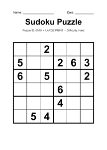 Puzzle #0015. Level: Hard. Print Size: Large Print. Advanced 6x6 Sudoku Puzzle. Free printable 6x6 large print Sudoku puzzle for kids, adults, seniors, classrooms, homeschooling, and brain-training activities. Download in PDF or PNG format with a complete answer key included.