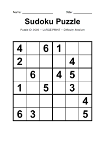 Puzzle #0006. Level: Medium. Print Size: Large Print. Printable 6x6 Sudoku Puzzle. Free printable 6x6 large print Sudoku puzzle for kids, adults, seniors, classrooms, homeschooling, and brain-training activities. Download in PDF or PNG format with a complete answer key included.