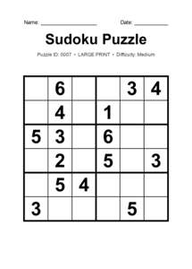 Puzzle #0007. Level: Medium. Print Size: Large Print. Number 6x6 Sudoku Puzzle. Free printable 6x6 large print Sudoku puzzle for kids, adults, seniors, classrooms, homeschooling, and brain-training activities. Download in PDF or PNG format with a complete answer key included.