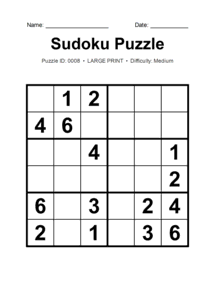 Puzzle #0008. Level: Medium. Print Size: Large Print. Printable 6x6 Sudoku Logic Puzzle. Free printable 6x6 large print Sudoku puzzle for kids, adults, seniors, classrooms, homeschooling, and brain-training activities. Download in PDF or PNG format with a complete answer key included.