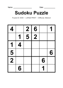 Puzzle #0009. Level: Medium. Print Size: Large Print. Brain Training 6x6 Sudoku Puzzle. Free printable 6x6 large print Sudoku puzzle for kids, adults, seniors, classrooms, homeschooling, and brain-training activities. Download in PDF or PNG format with a complete answer key included.