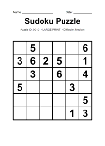 Puzzle #0010. Level: Medium. Print Size: Large Print. Medium 6x6 Sudoku Puzzle. Free printable 6x6 large print Sudoku puzzle for kids, adults, seniors, classrooms, homeschooling, and brain-training activities. Download in PDF or PNG format with a complete answer key included.