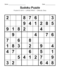 Puzzle #0010. Level: Easy. Print Size: Large Print. Family-Friendly Sudoku Puzzle. Free printable easy large print Sudoku puzzle for kids, adults, seniors, beginners, classrooms, homeschooling, and brain-training activities. Download in PDF or PNG format with a complete answer key included.