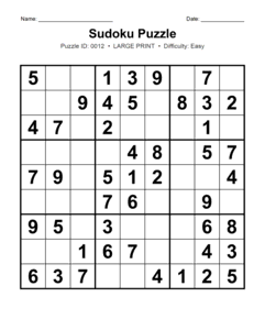 Puzzle #0012. Level: Easy. Print Size: Large Print. Printable Sudoku Number Puzzle. Free printable easy large print Sudoku puzzle for kids, adults, seniors, beginners, classrooms, homeschooling, and brain-training activities. Download in PDF or PNG format with a complete answer key included.
