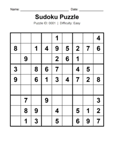 Puzzle #0001. Level: Easy. Printable Sudoku Puzzle. Free printable easy Sudoku puzzle for kids, adults, seniors, beginners, classrooms, homeschooling, and brain-training activities. Download in PDF or PNG format with a complete answer key included.