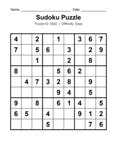 Puzzle #0002. Level: Easy. Free Printable Sudoku Puzzle. Free printable easy Sudoku puzzle for kids, adults, seniors, beginners, classrooms, homeschooling, and brain-training activities. Download in PDF or PNG format with a complete answer key included.