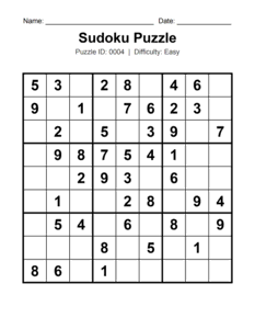 Puzzle #0004. Level: Easy. Classic Sudoku Puzzle. Free printable easy Sudoku puzzle for kids, adults, seniors, beginners, classrooms, homeschooling, and brain-training activities. Download in PDF or PNG format with a complete answer key included.