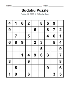 Puzzle #0005. Level: Easy. Fun Sudoku Challenge. Free printable easy Sudoku puzzle for kids, adults, seniors, beginners, classrooms, homeschooling, and brain-training activities. Download in PDF or PNG format with a complete answer key included.